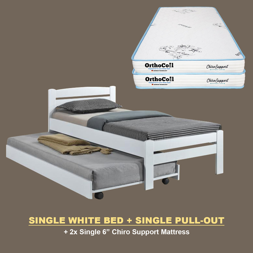 Margy Single Size Solid Rubberwood Bed Frame Flat Plywood Base with Pull-out Bed w/ Mattress Option