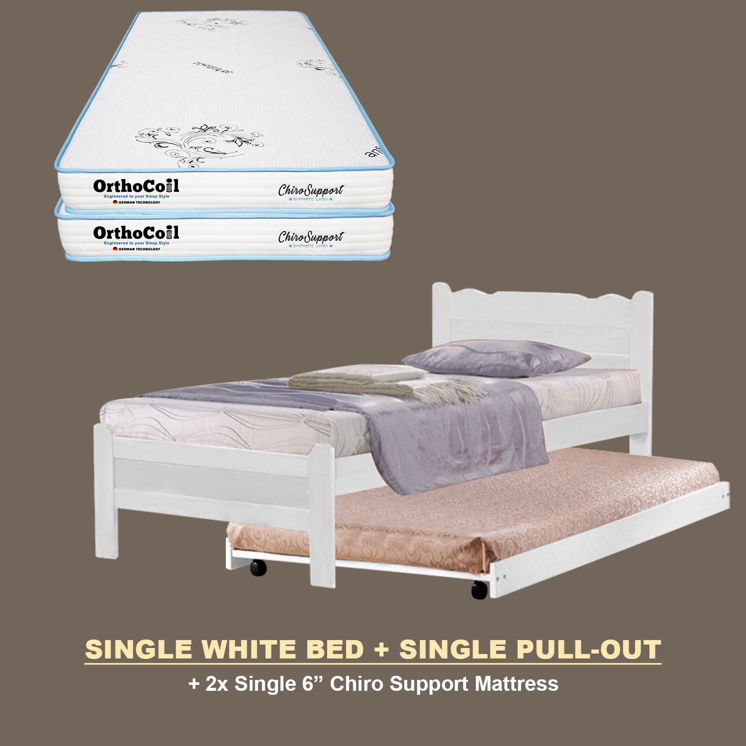 Belle Pull-Out Bed Single Solid Rubberwood Bed Frame w/ Mattress Option