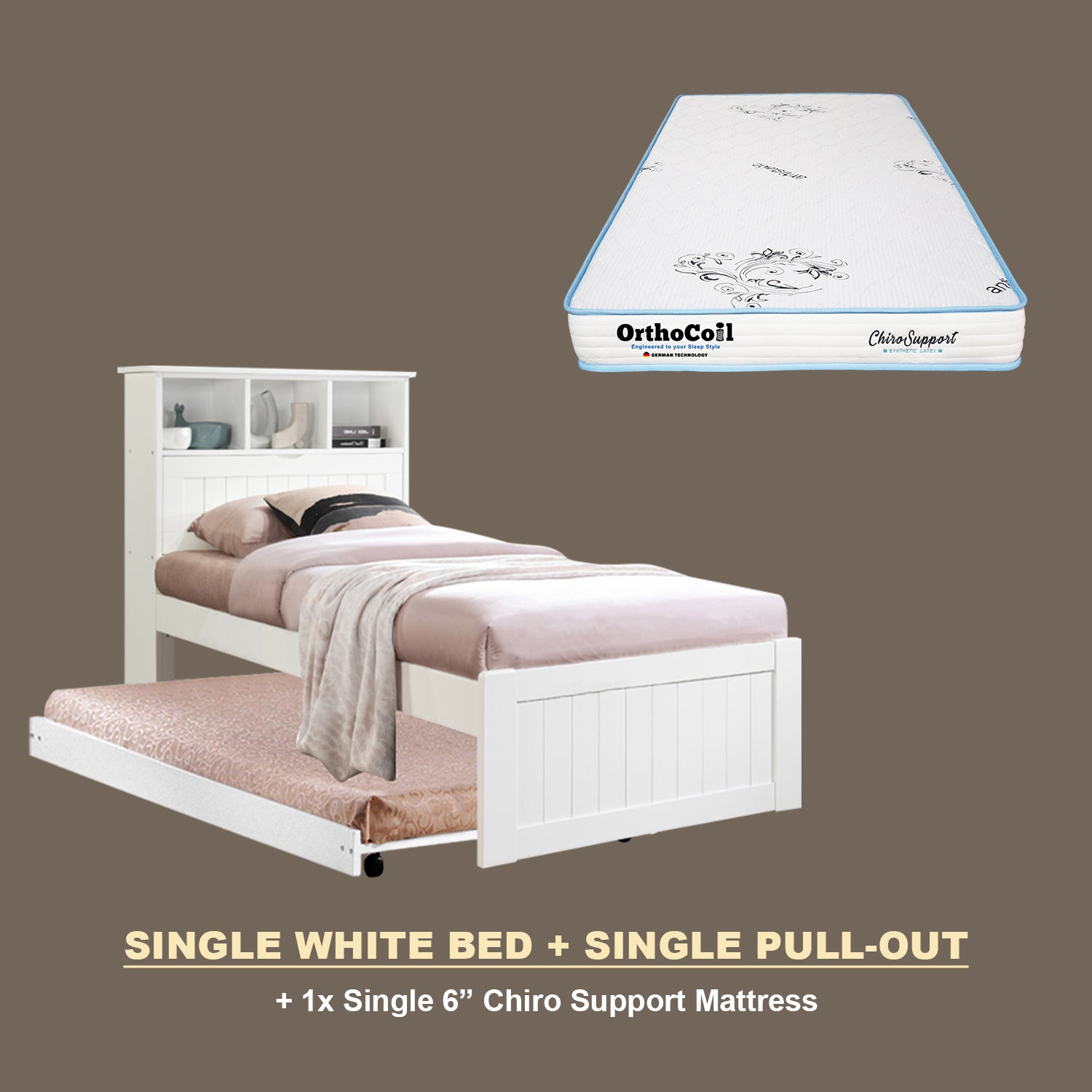 Maria Pull-Out Bed Single, Super Single Solid Rubberwood Bed Frame w/ Mattress Option