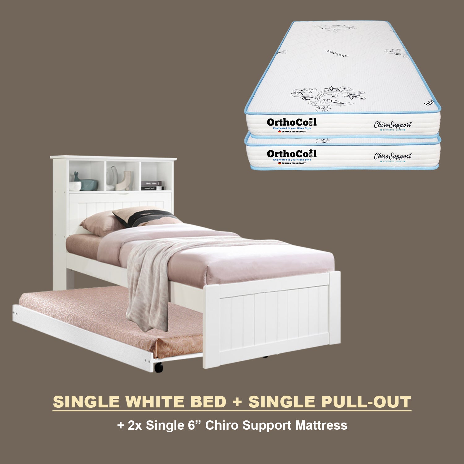 Maria Pull-Out Bed Single, Super Single Solid Rubberwood Bed Frame w/ Mattress Option