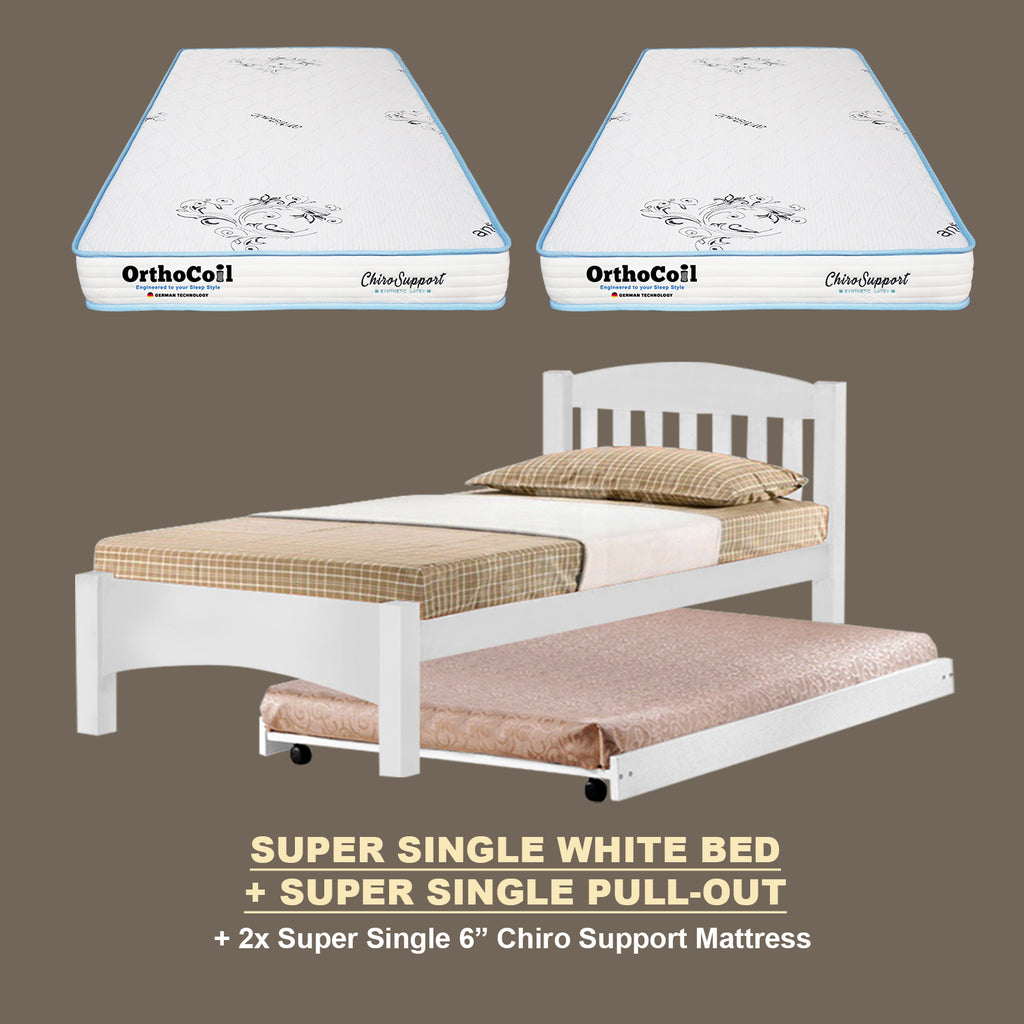 Zelan Pull-Out Bed Single, Super Single Solid Rubberwood Bed Frame w/ Mattress Option