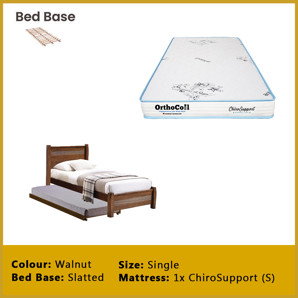 Marin Single Pull-Out Bedframe MDF + Veneer Solid Wood Slatted Base  - w/ Mattress Option