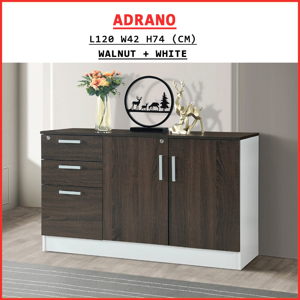 Adrano Sideboard Cabinet Storage Furniture With 3 Drawers 2 Doors with Soft Closing Hinges.