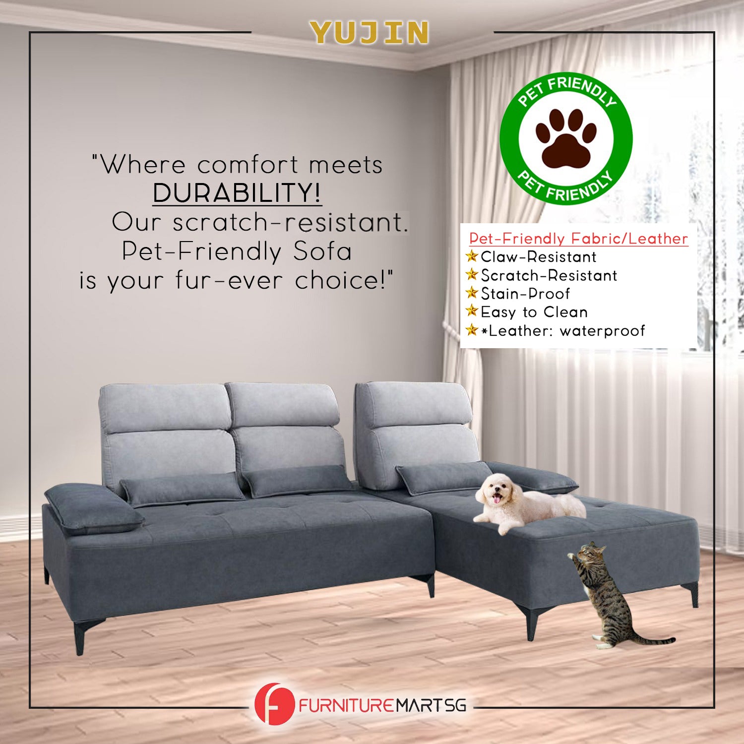 Yujin Left/Right L-Shaped Sofa Pet-Friendly Fabric Scratch-Resistant & Claw-Resistant