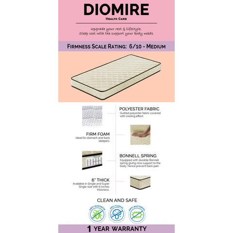 Image of Diomire Health Care Bonnell Spring Mattress - 6" Mattress In Single, Super Single Size