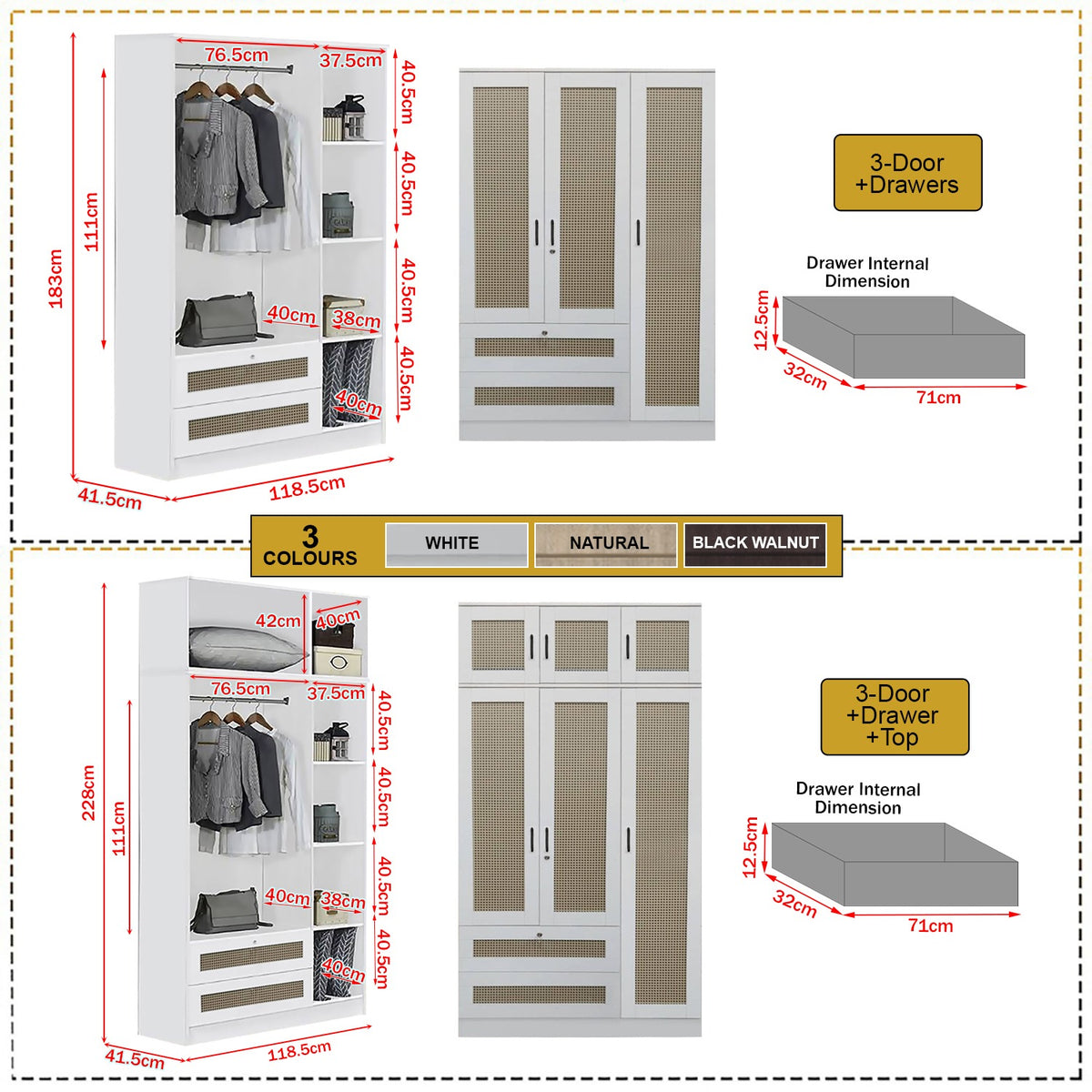 CROSSIA CARB-P2 Certified Board 1-5 Doors Wardrobe Rattan Design with Drawers Top Cabinet