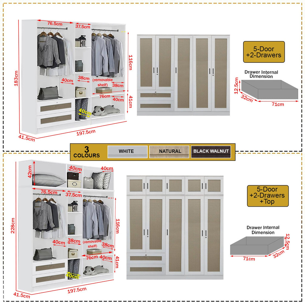 CROSSIA CARB-P2 Certified Board 1-5 Doors Wardrobe Rattan Design with Drawers Top Cabinet