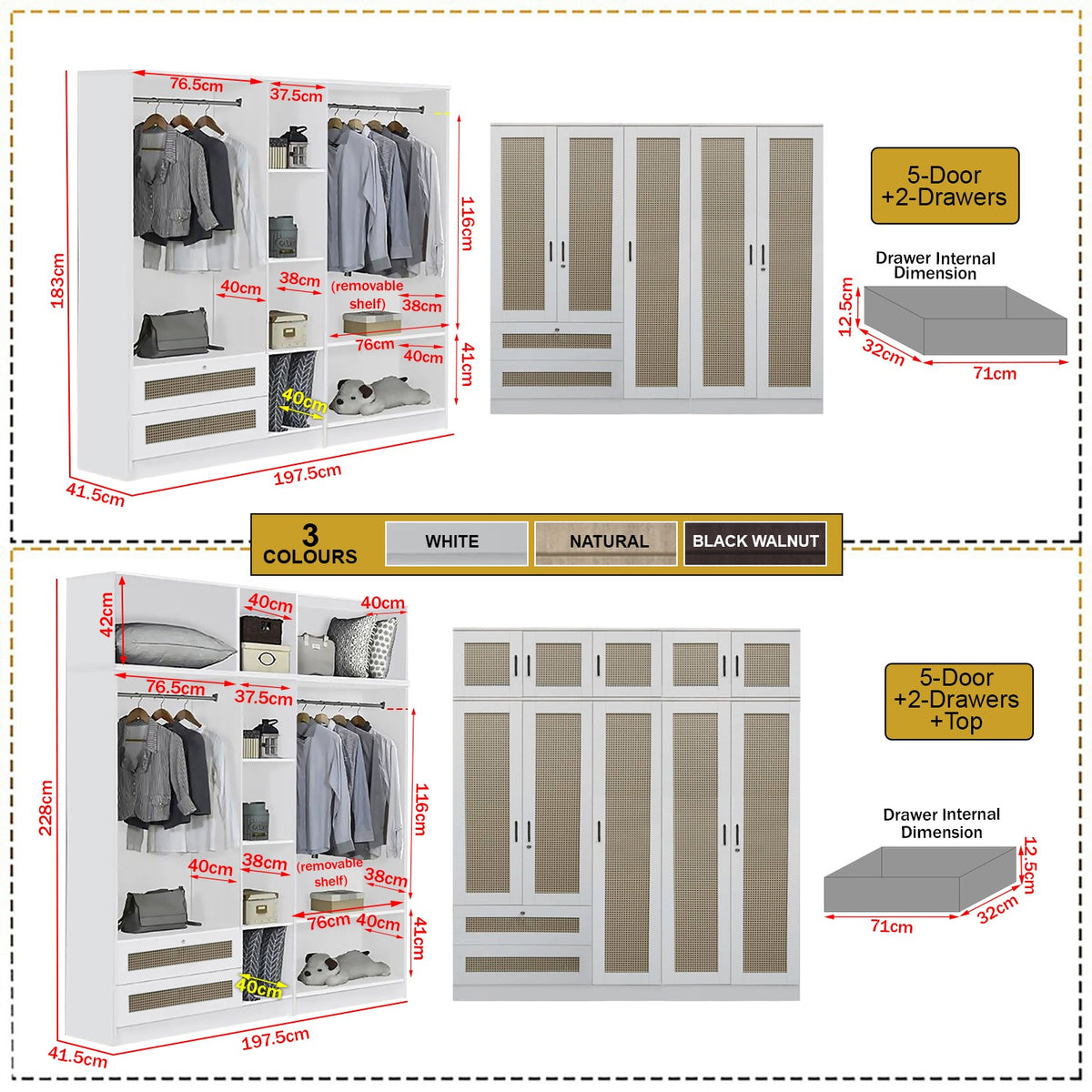 CROSSIA CARB-P2 Certified Board 1-5 Doors Wardrobe Rattan Design with Drawers Top Cabinet