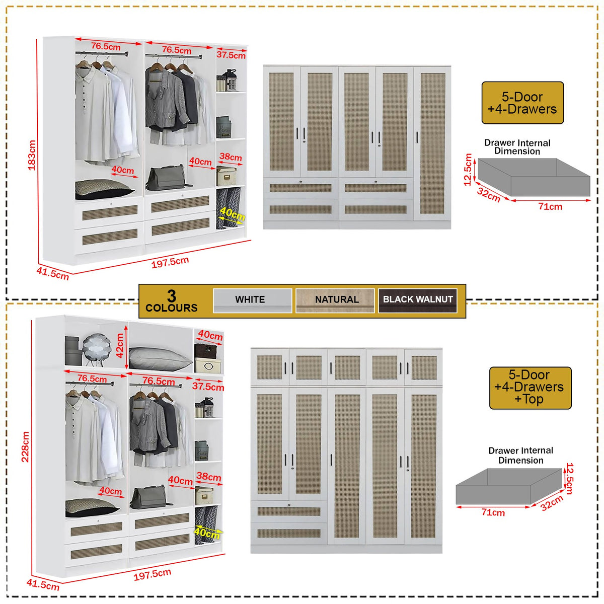 CROSSIA CARB-P2 Certified Board 1-5 Doors Wardrobe Rattan Design with Drawers Top Cabinet