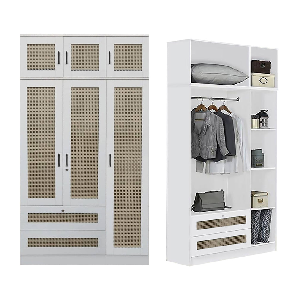 CROSSIA CARB-P2 Certified Board 1-5 Doors Wardrobe Rattan Design with Drawers Top Cabinet