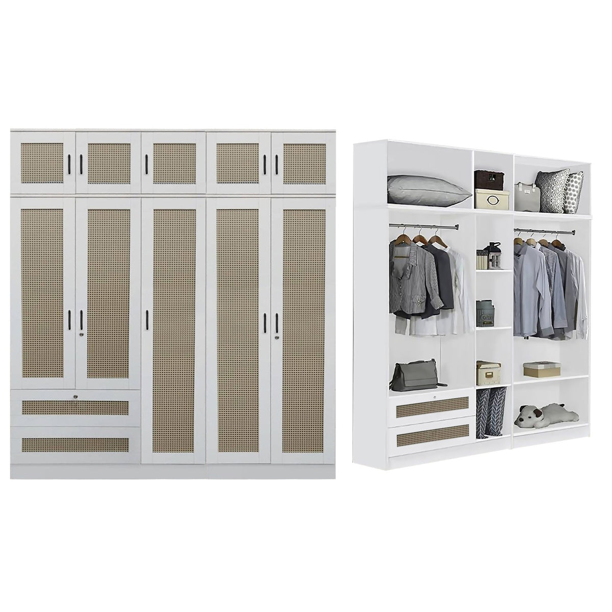 CROSSIA CARB-P2 Certified Board 1-5 Doors Wardrobe Rattan Design with Drawers Top Cabinet