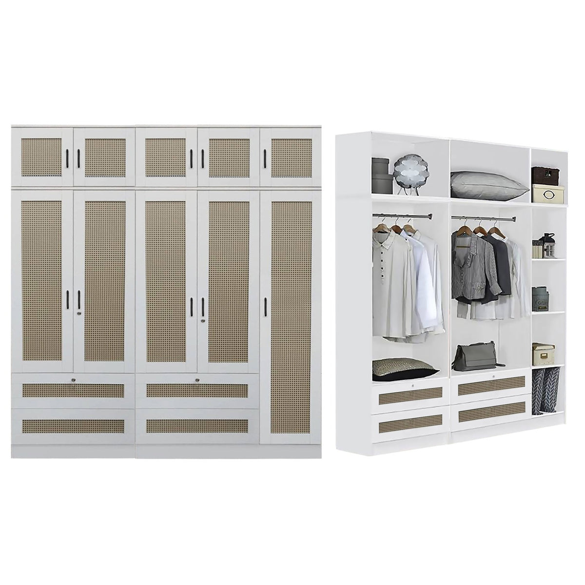 CROSSIA CARB-P2 Certified Board 1-5 Doors Wardrobe Rattan Design with Drawers Top Cabinet