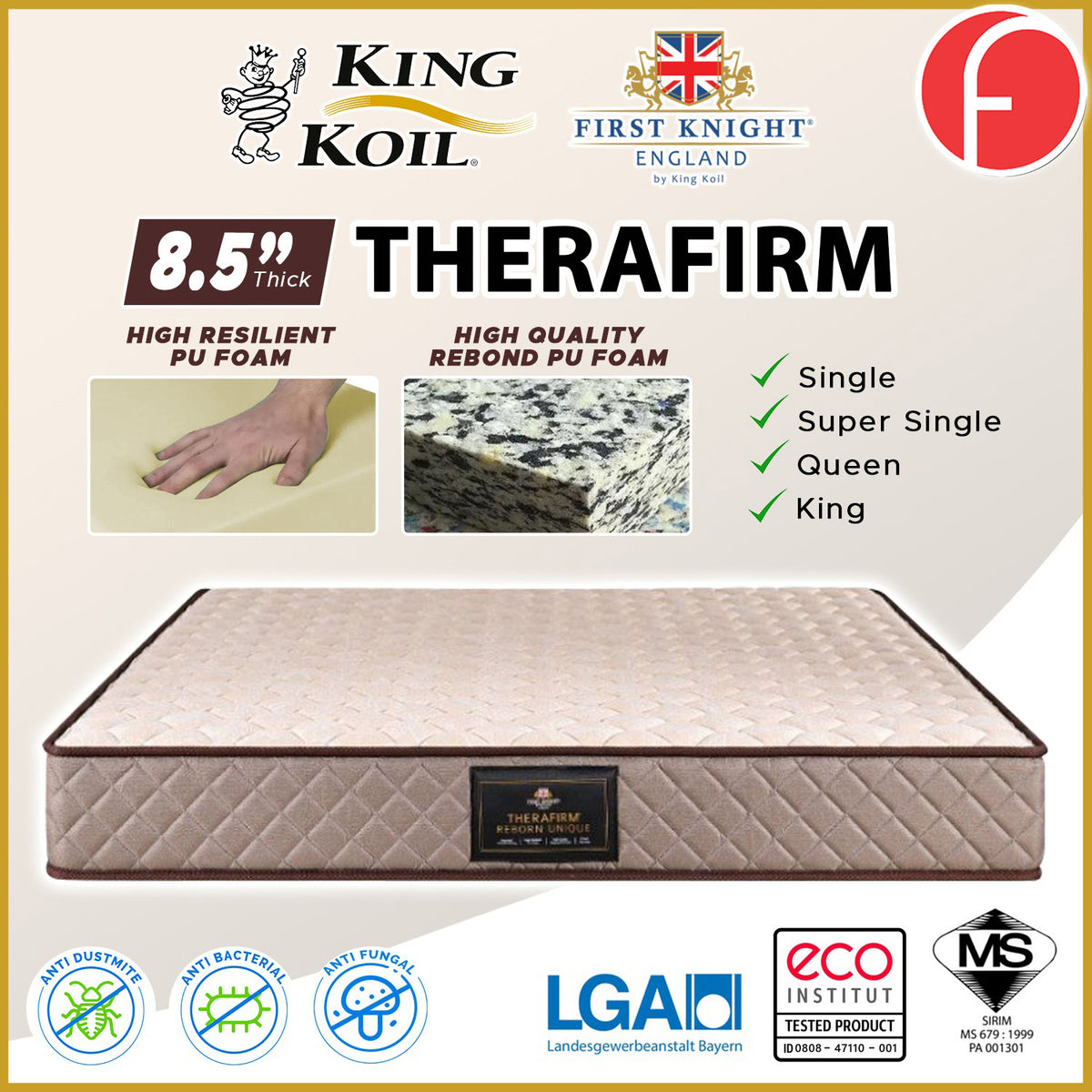 KingKoil First Knight Therafirm Reborn Unique 8.5" Mattress Rebonded PU Foam - All Sizes