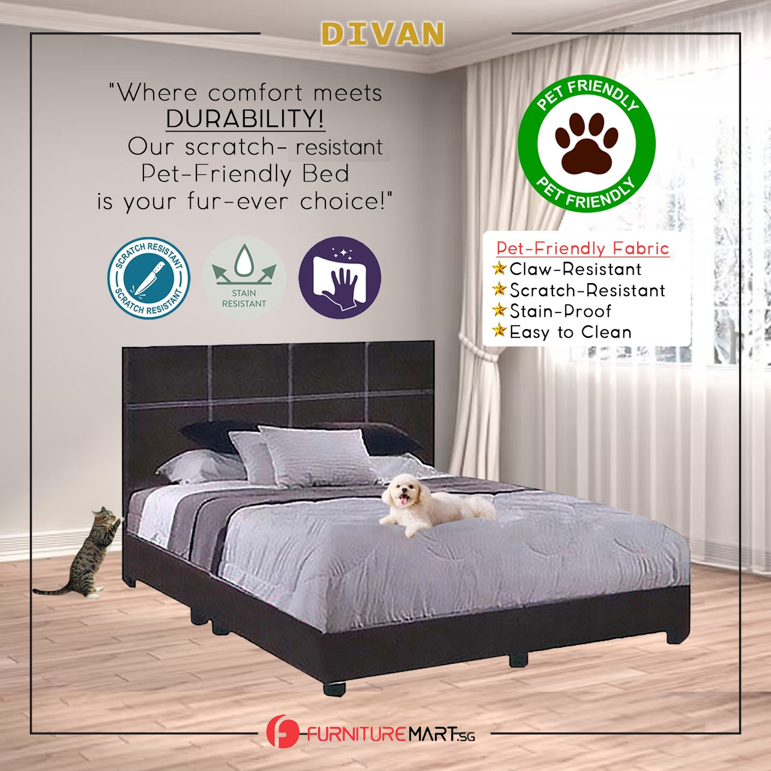 Faux Leather/Fabric Divan Bed Frame Color w/ Pet-Friendly Option- Available in All Sizes