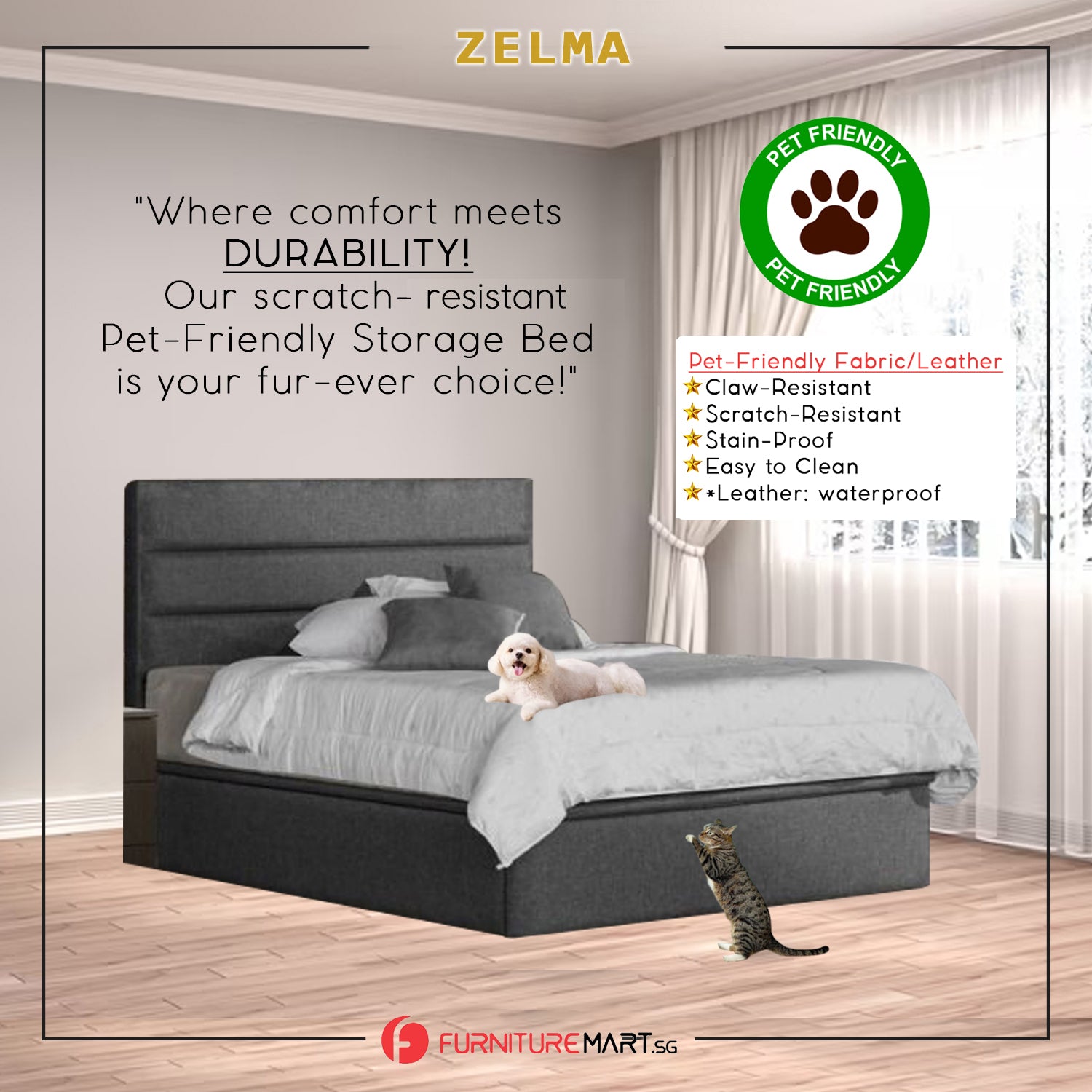 Diomire Zelma 14"/16"/18" SBD Storage Bed Pet Friendly Scratch-Resistant Fabric 27 Colours- With Mattress Add-On