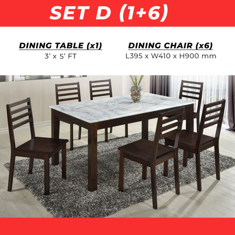 Saniti Series 1+6 Natural Marble Dining Set Table with Chair in Walnut Colour