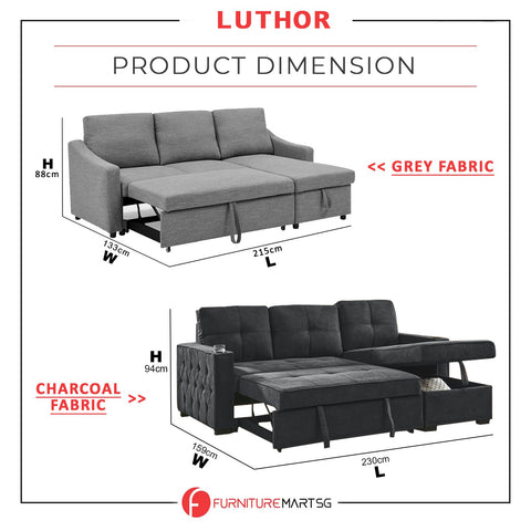 Image of Luthor Left-Right Reversible Sleeper Corner Sofa in Fabric Grey & Charcoal