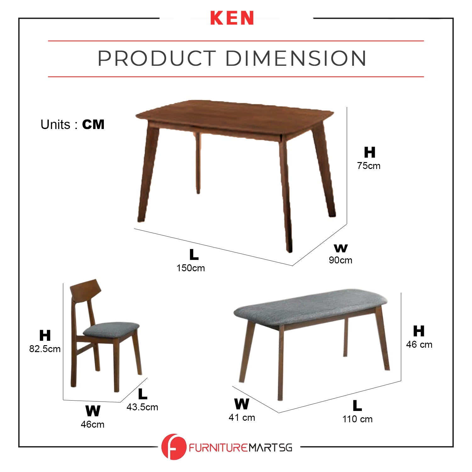 KEN Solid Rubberwood 6 Seater Dining Set with Bench Natural/Walnut