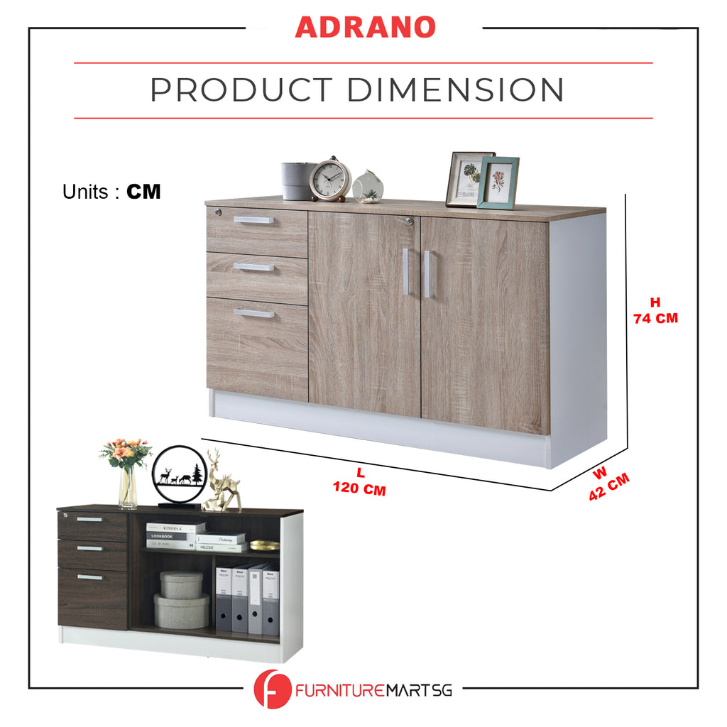 Adrano Sideboard Cabinet Storage Furniture With 3 Drawers 2 Doors with Soft Closing Hinges.