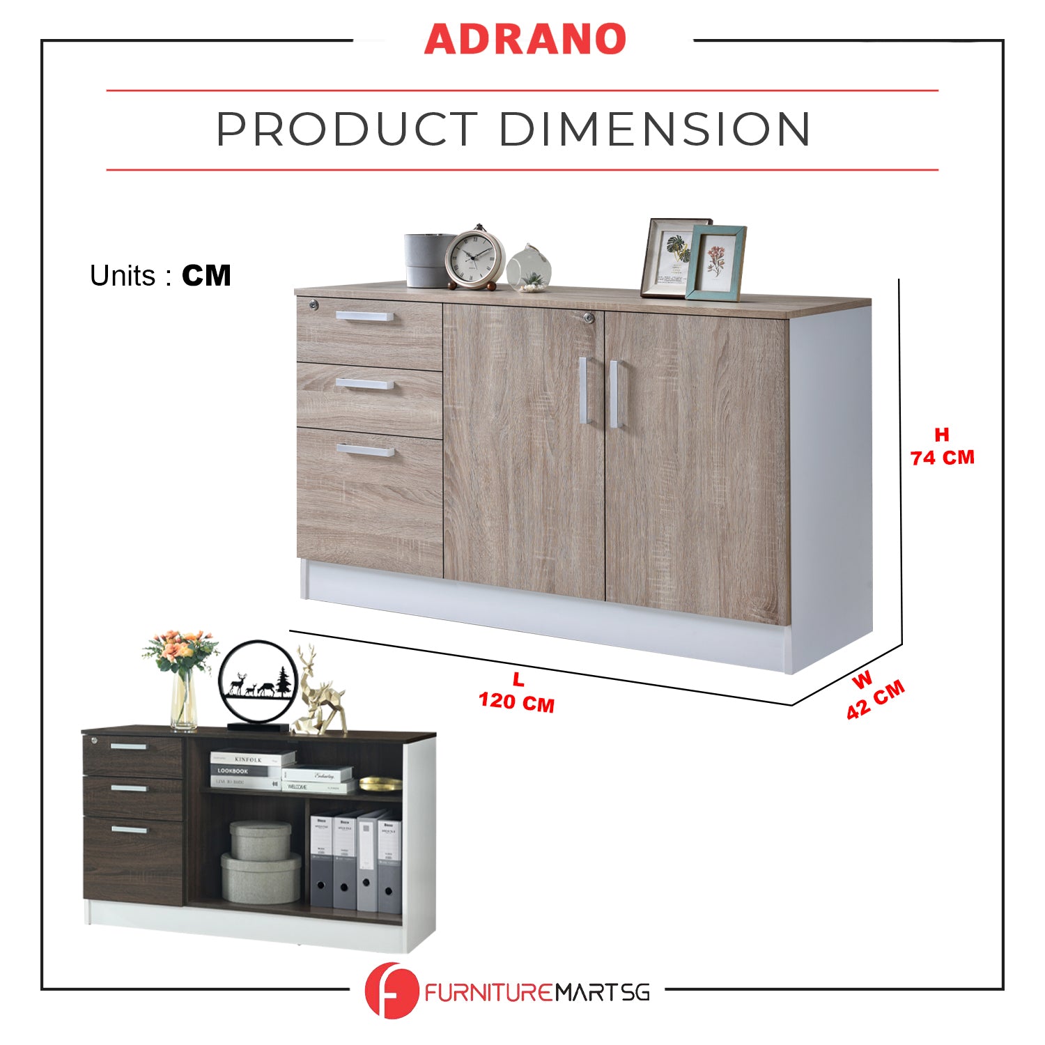 Adrano Sideboard Cabinet Storage Furniture With 3 Drawers 2 Doors with Soft Closing Hinges.