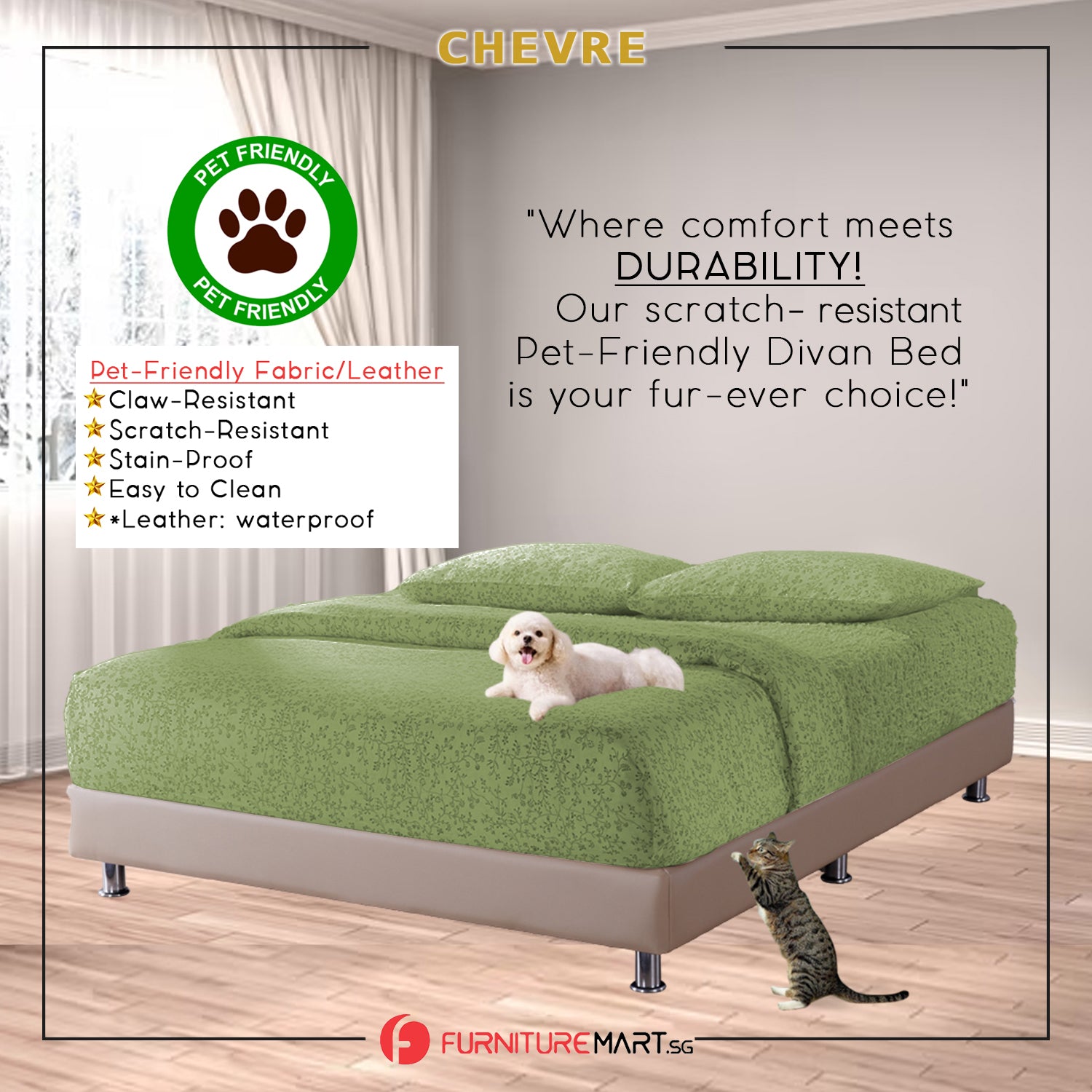 Chevre Divan Bed Frame Pet Friendly Scratch-Resistant Fabric 16 Colours - With Mattress Add-On Options