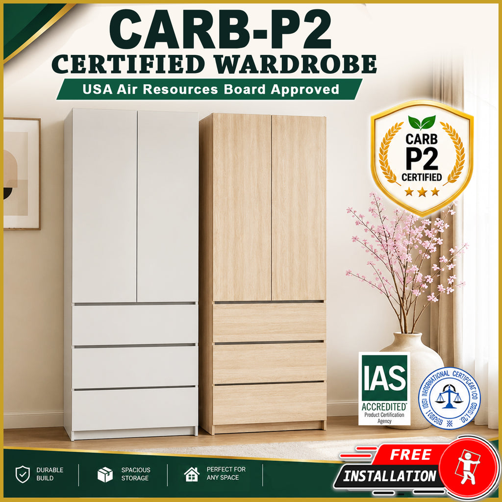 Nolin CARB-P2 Certified Board 2 Door Wardrobe + 3 Layer Drawer Laminated Back Panel