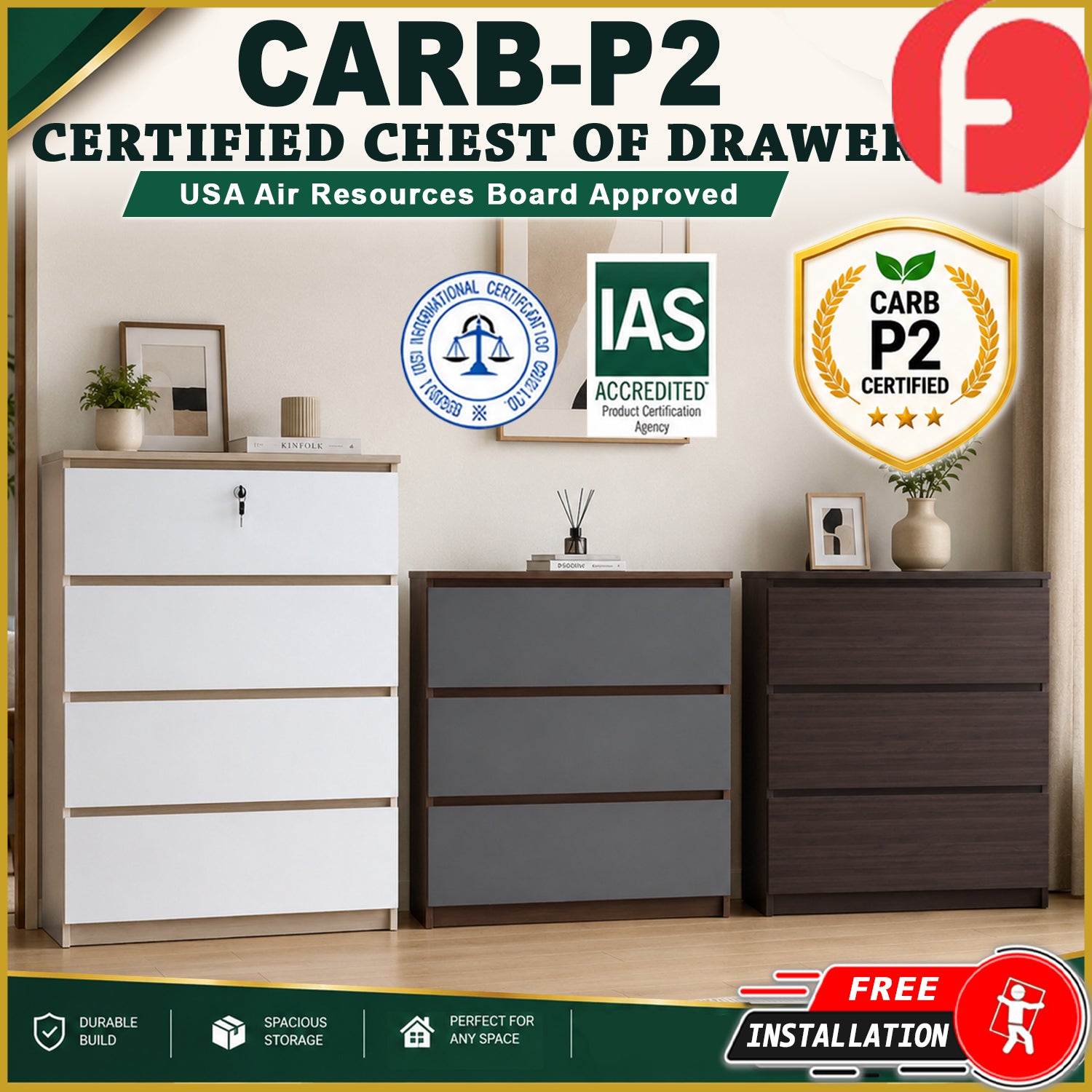 Ganon 3/4 Premium Chest of Drawers CARB-P2 Certified Board Full Laminated Back Panel
