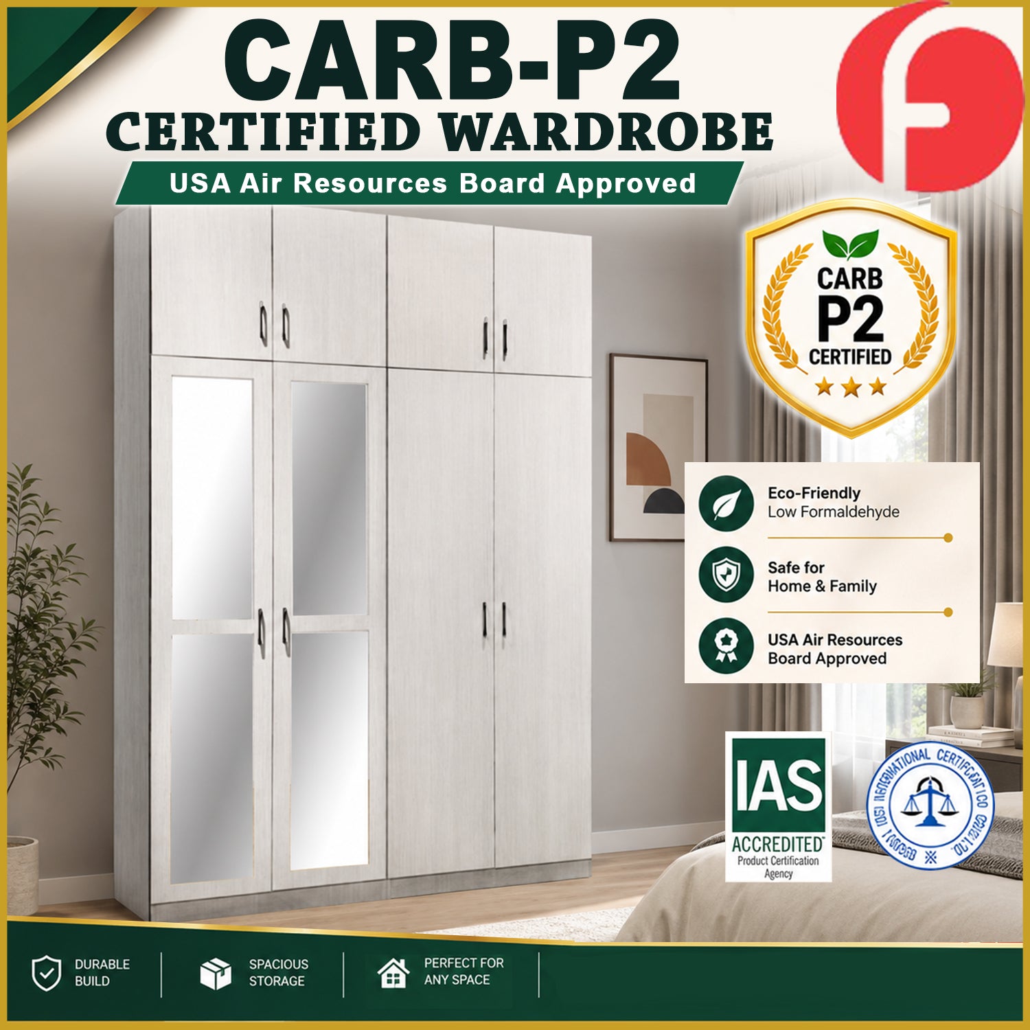 Merel 4-Doors Wardrobe CARB-P2 Certified Board with Internal Drawers and Top Cabinet