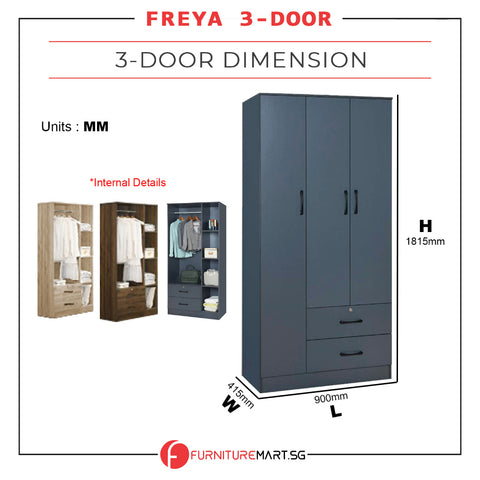 Image of FREYA Series 3-Door Dark Grey Wardrobe