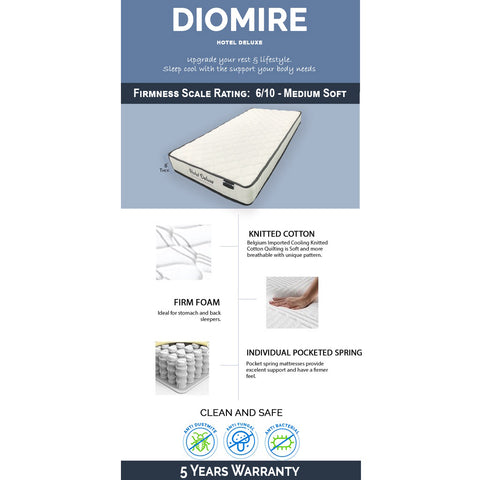 Image of Diomire Hotel Deluxe Pocketed Spring 8" Mattress. All Sizes Available