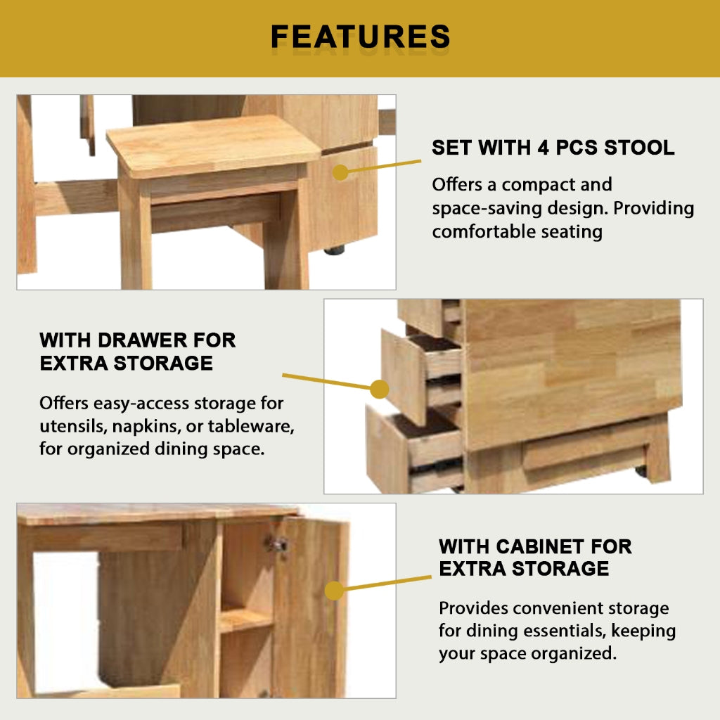 Kervin 1+4 Solid Wood Foldable Dining Set with Table and Stool - Foldable Space Saving