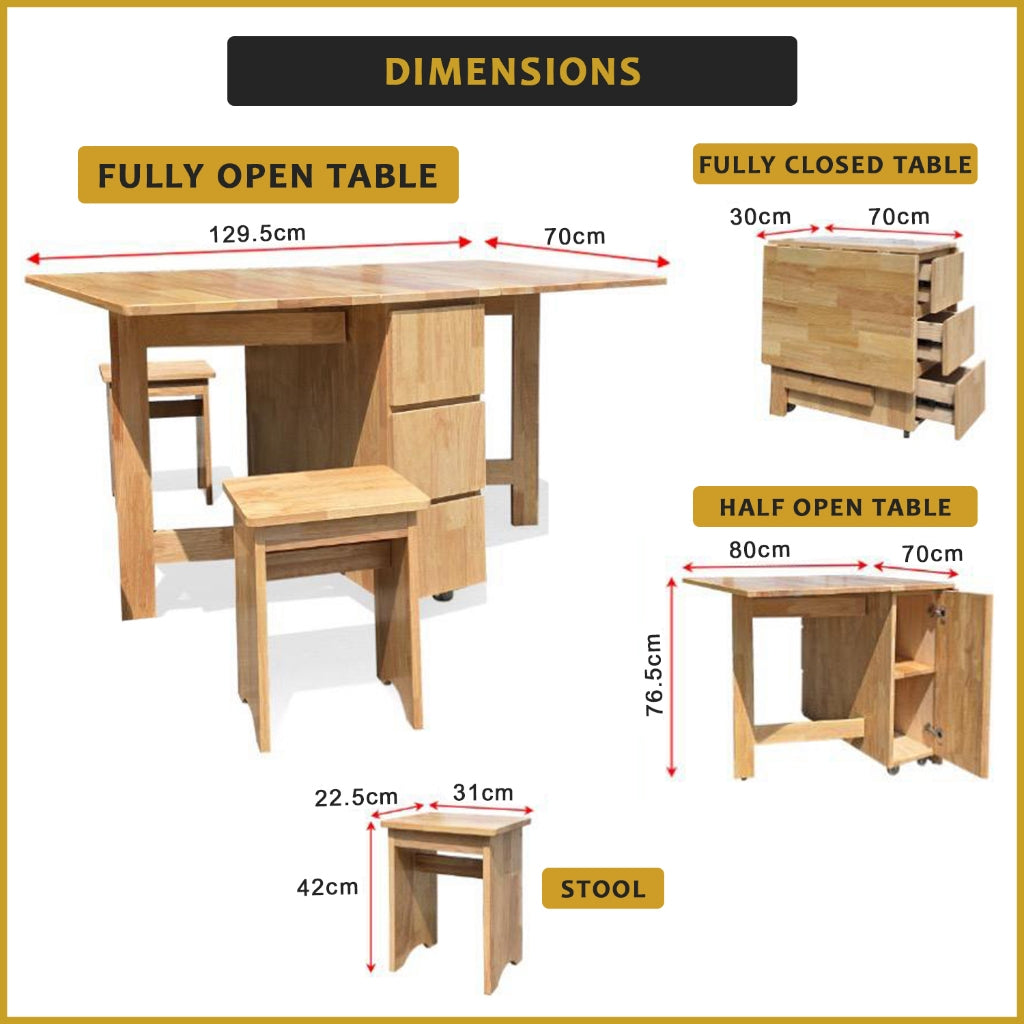Kervin 1+4 Solid Wood Foldable Dining Set with Table and Stool - Foldable Space Saving