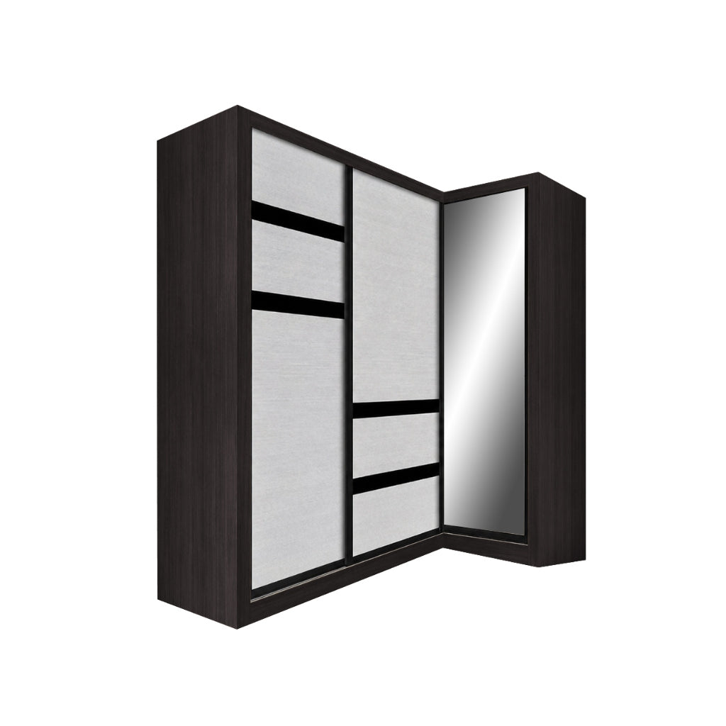 Baden Sliding Door L Shaped Corner Wardrobe with Mirror Door & Internal Drawer w/ Lock in 3 Color