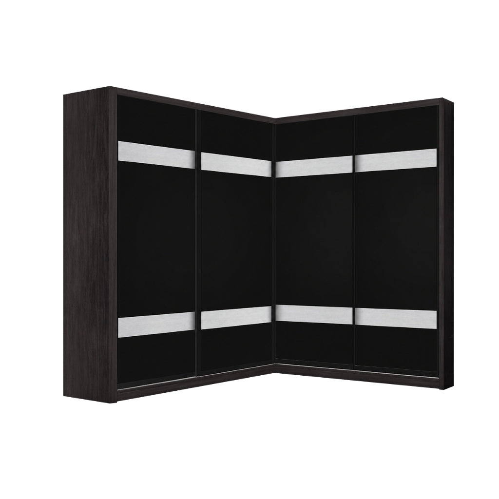 Calvi Sliding Door Corner Wardrobe with Black Glass Door & Internal Drawer w/ Lock
