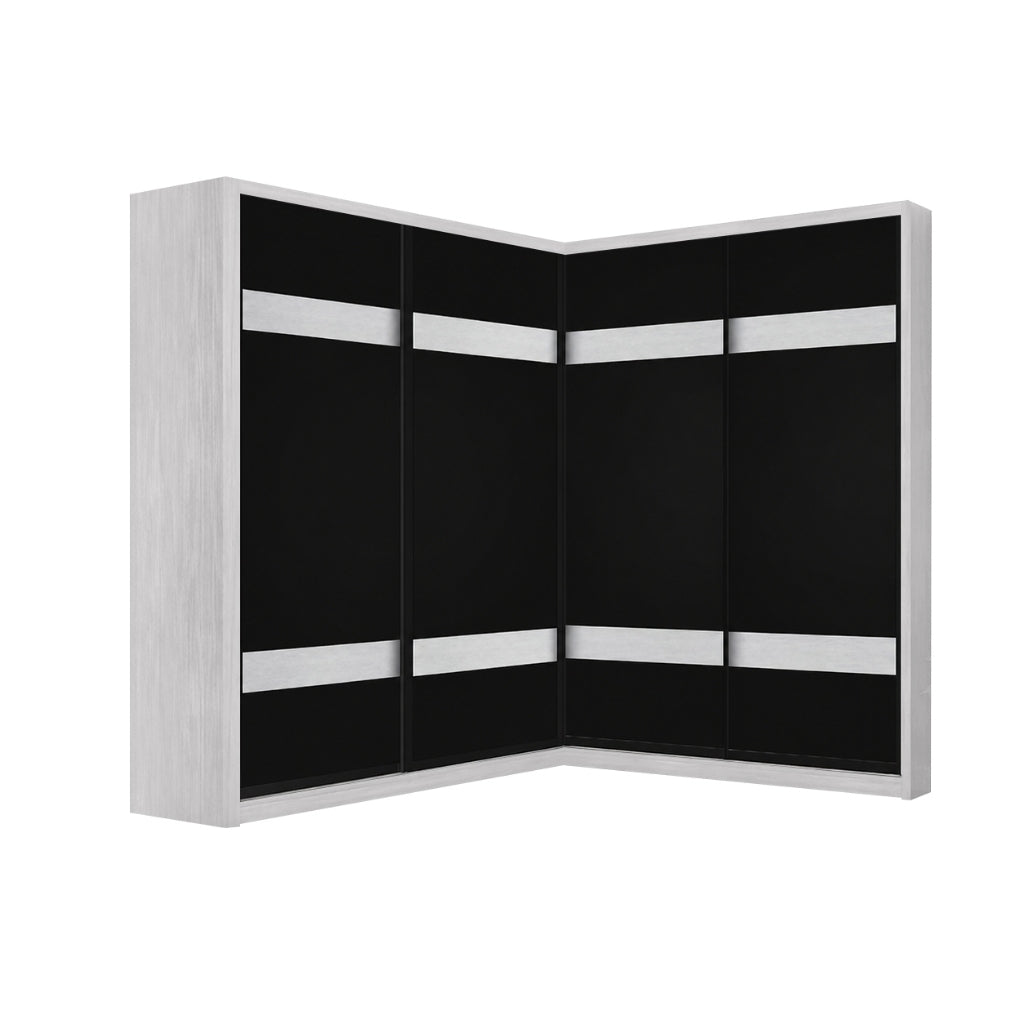 Calvi Sliding Door Corner Wardrobe with Black Glass Door & Internal Drawer w/ Lock