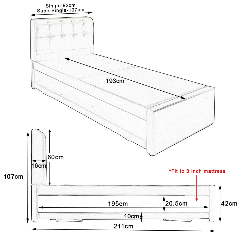 Sadie Single & Super Single Pull-Out Type Bed Frame Fabric and Faux Leather in 6 Colour