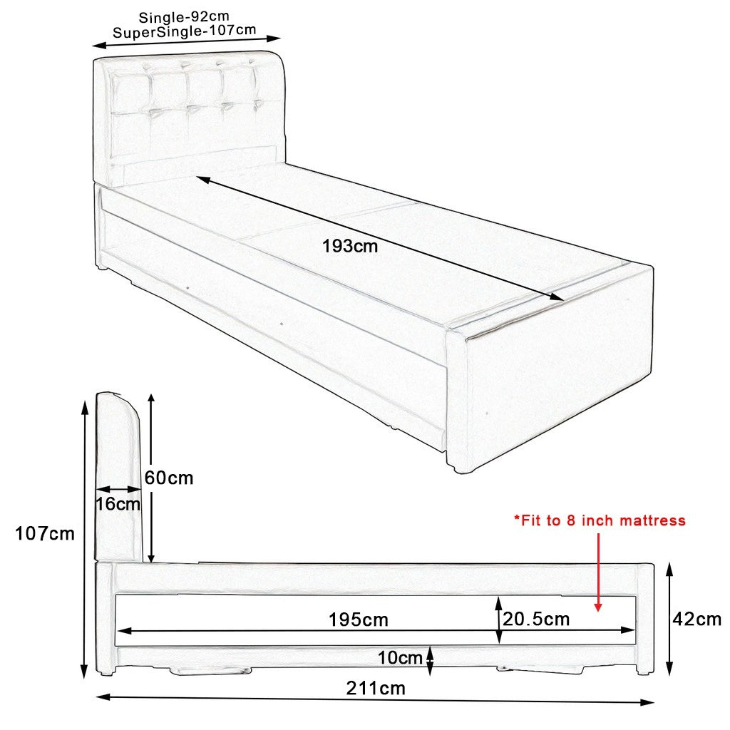 Celine Single and Super Single Pull-Out Bed Frame with Mattress Bundle in 6 Colours