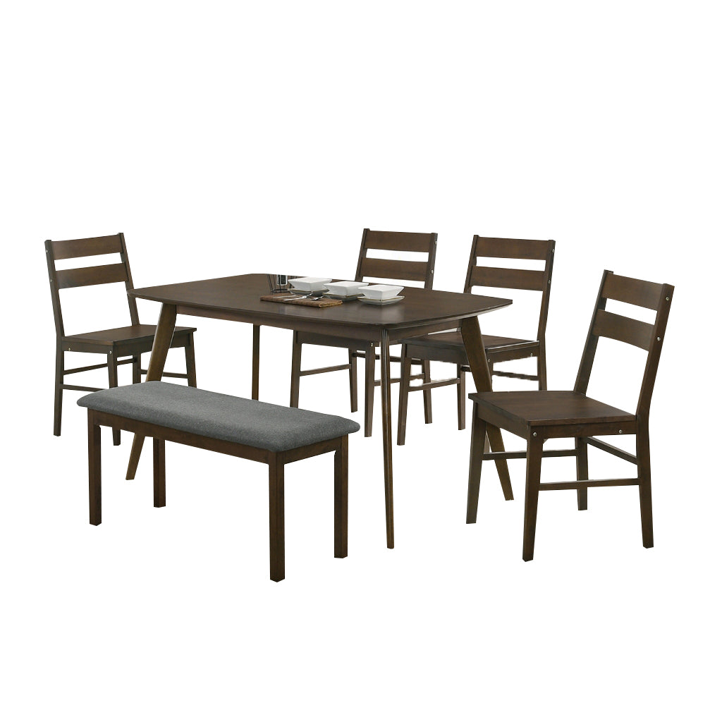 Jorgan 4/6 Seater Dining Set w/ Table, Chair & Bench Solid Rubber Wood in Walnut Colour