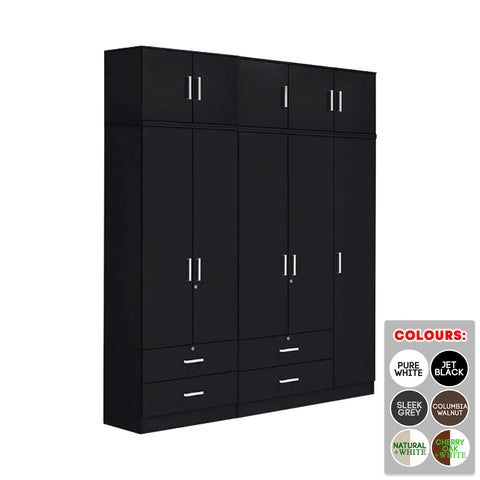 BERLIN Tall Series 5 Doors Soft Closing Wardrobe with 4 Drawers & Top Cabinet in 6 Colours