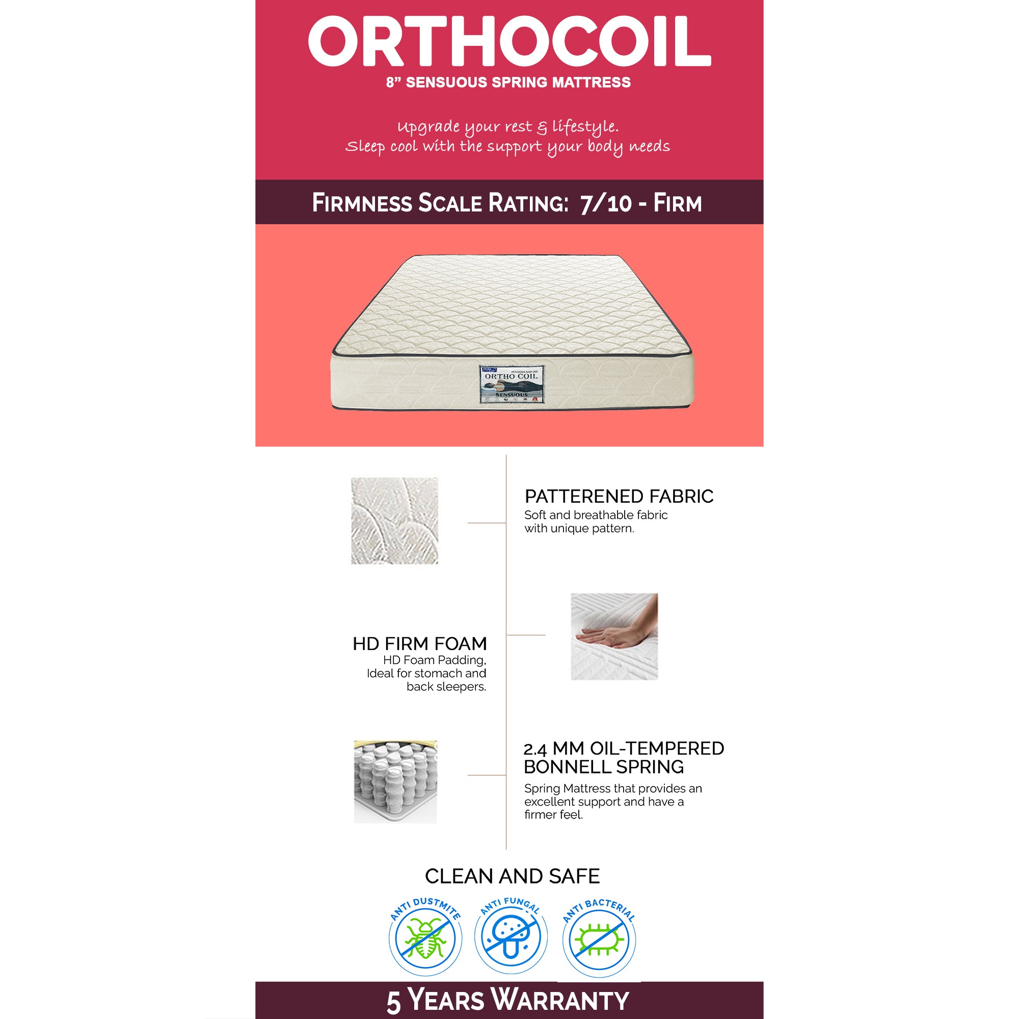 OrthoCoil Sensuous Bonnell Spring Mattress White In Single, Super Single, Queen and King Size