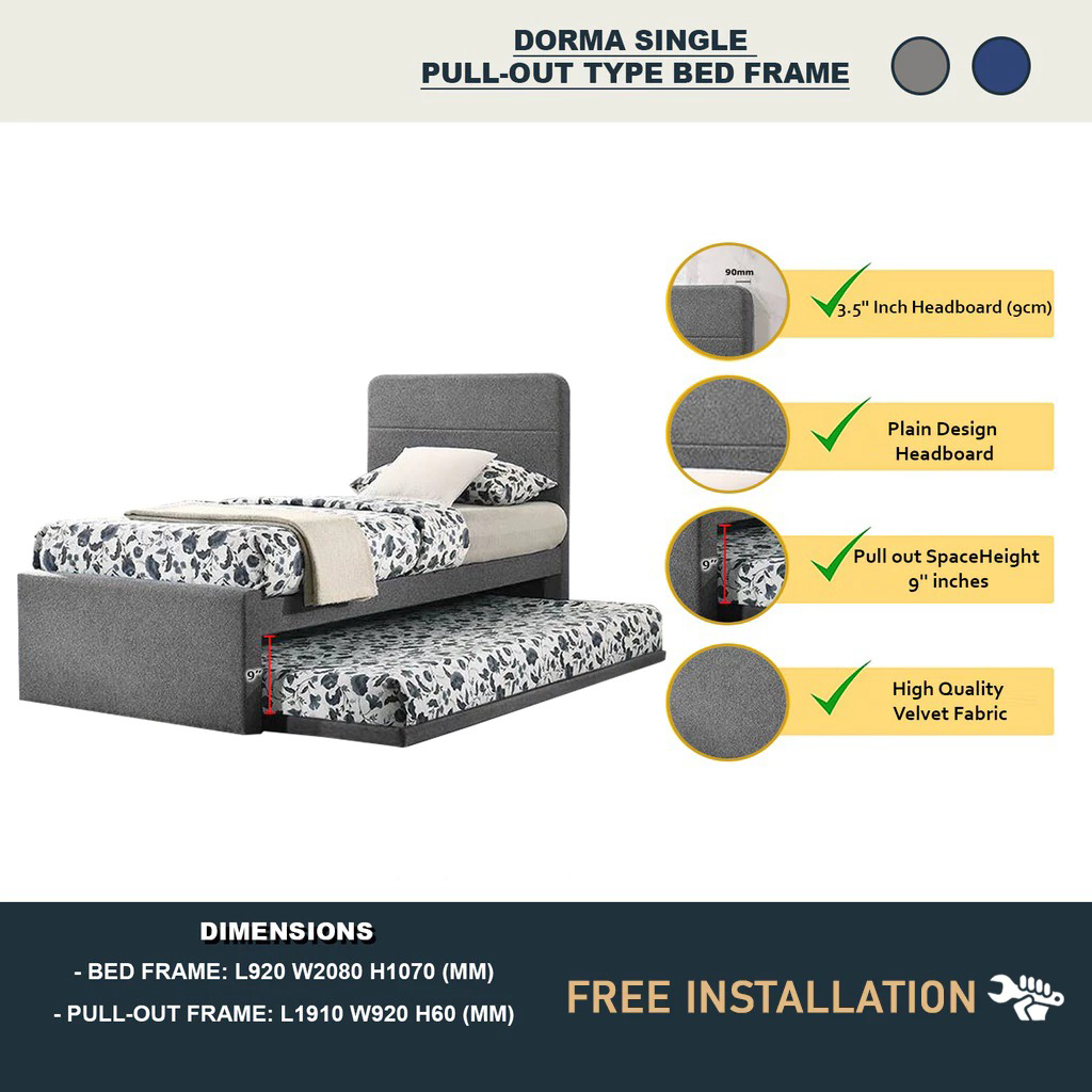 Dorma Single Divan + Pull-Out Type Bed Frame w/ Mattress Option Fabric Upholstery