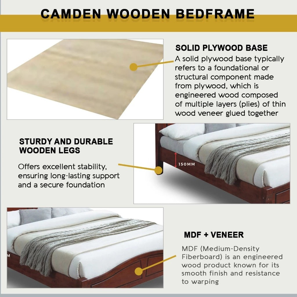 Camden Wooden Bedframe MDF + Veneer With Plywood Base Queen Size - w/ Mattress Option