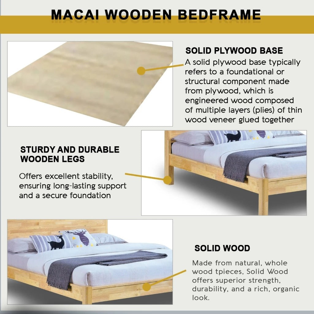 Macai Wooden Bedframe Solid Wood With Plywood Base Queen Size - w/ Mattress Option