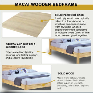 Macai Wooden Bedframe Solid Wood With Plywood Base Queen Size - w/ Mattress Option