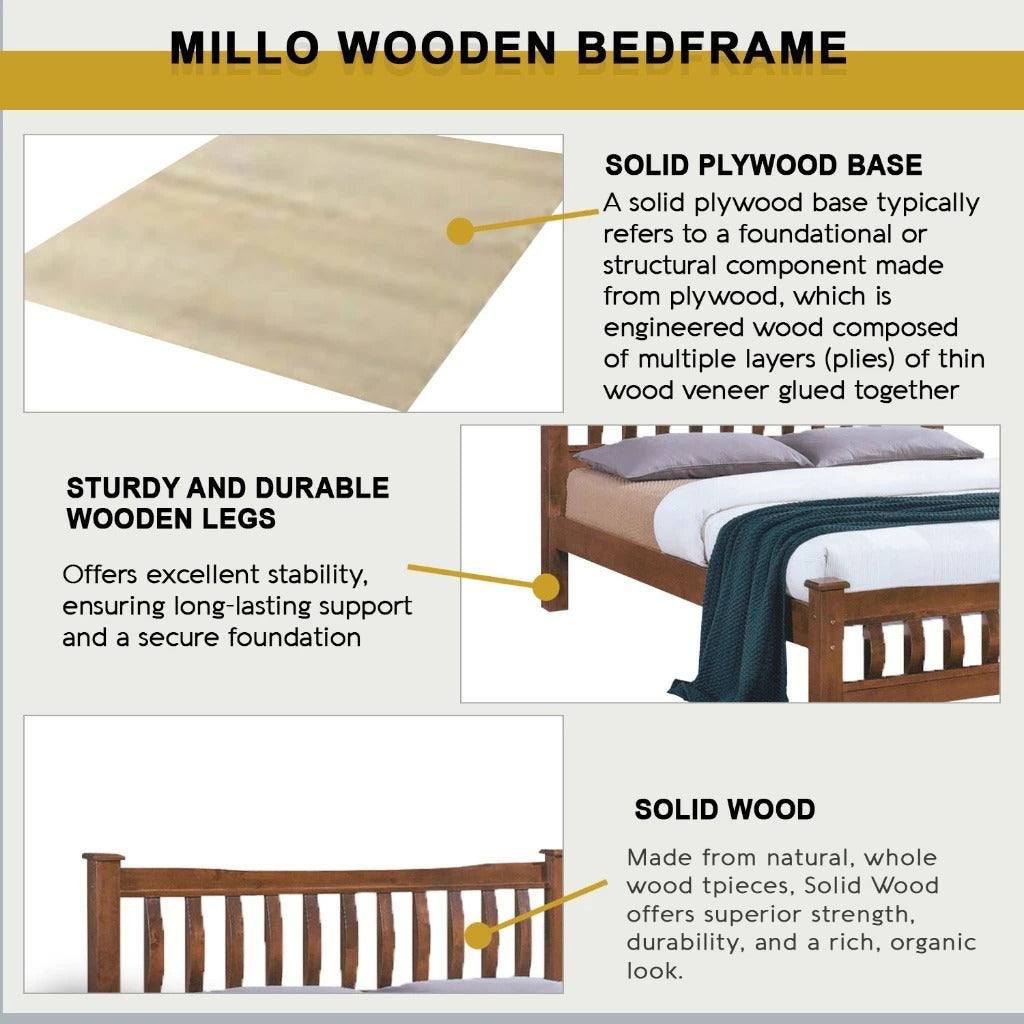 Millo Wooden Bedframe Solid Wood With Plywood Base Queen Size - w/ Mattress Option