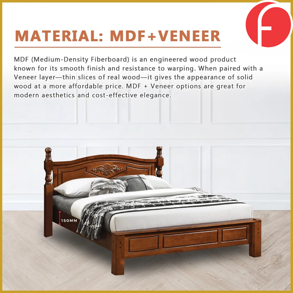 Liam Wooden Bedframe MDF + Veneer With Plywood Base Queen Size - w/ Mattress Option