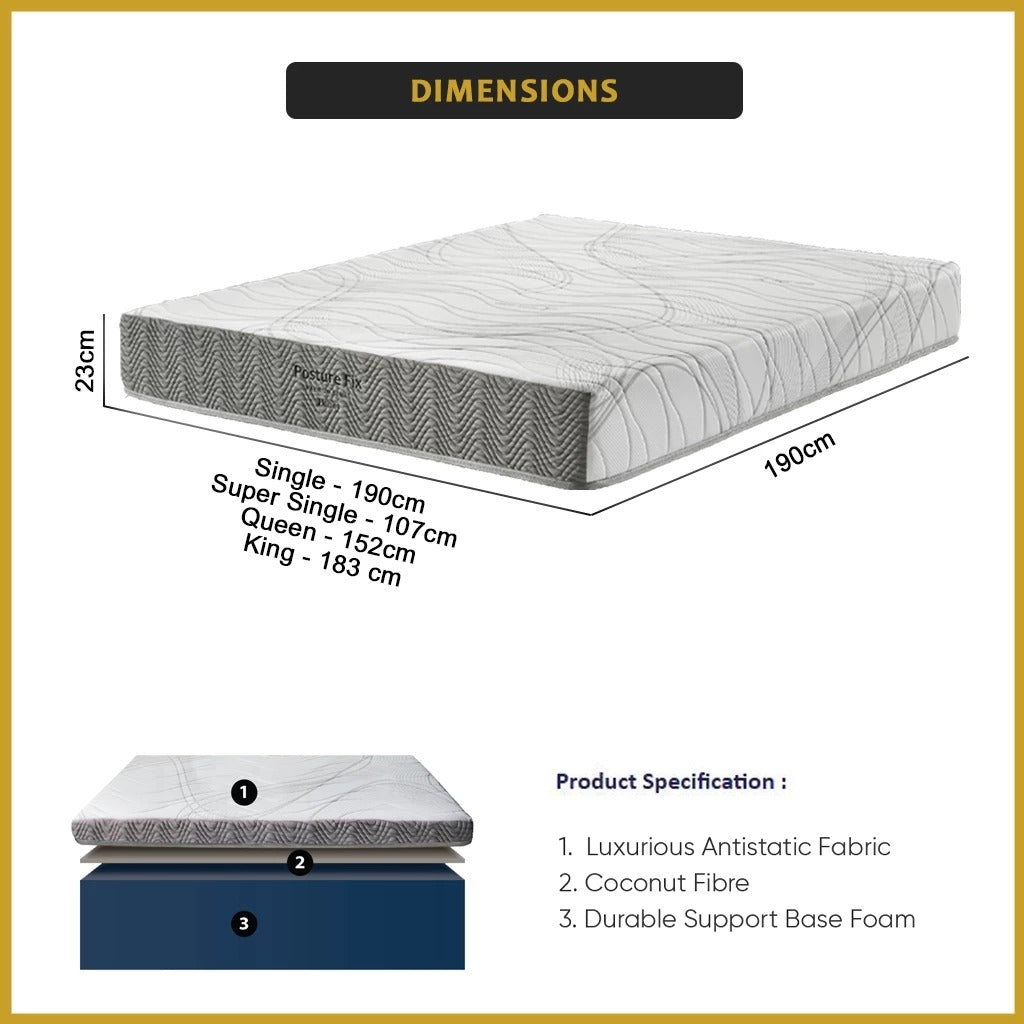 Honey Posture Fix 9" Antistatic Fabric Mattress with Coconut Fibre - All Sizes Available