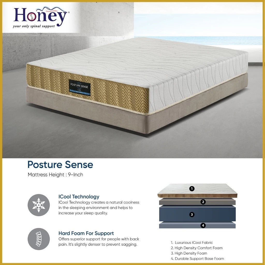 Honey Posture Sense 9" iCOOL Technology/High Density Foam Mattress - All Sizes Available