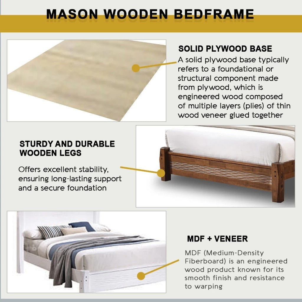 Mason Wooden Bedframe MDF + Veneer With Plywood Base Queen Size - w/ Mattress Option