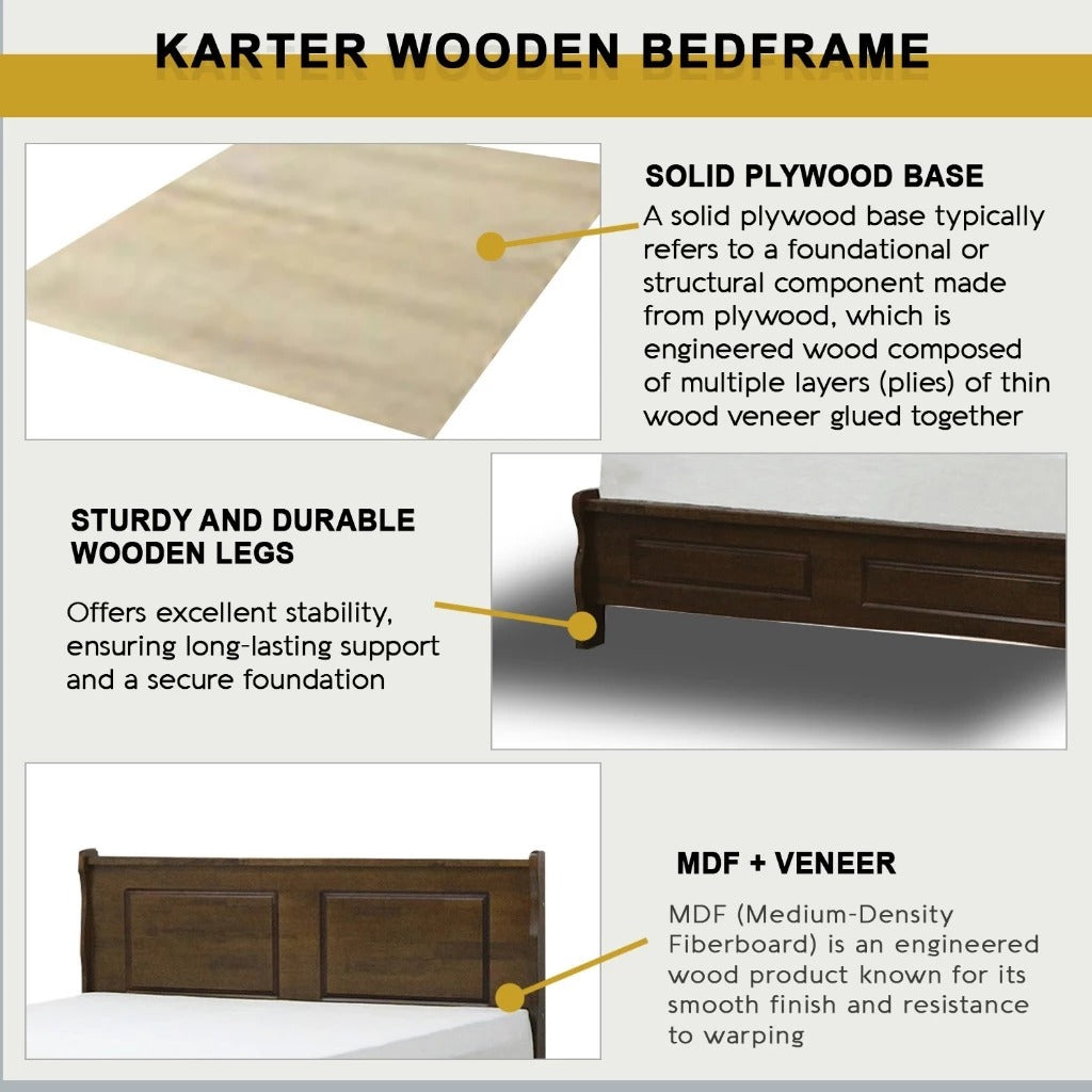 Karter Wooden Bedframe MDF + Veneer With Plywood Base Queen Size - w/ Mattress Option